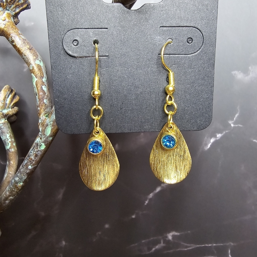 Brushed Brass Teardrop Dangle Earrings with Teal Rhinestone Hypoallergenic Hook